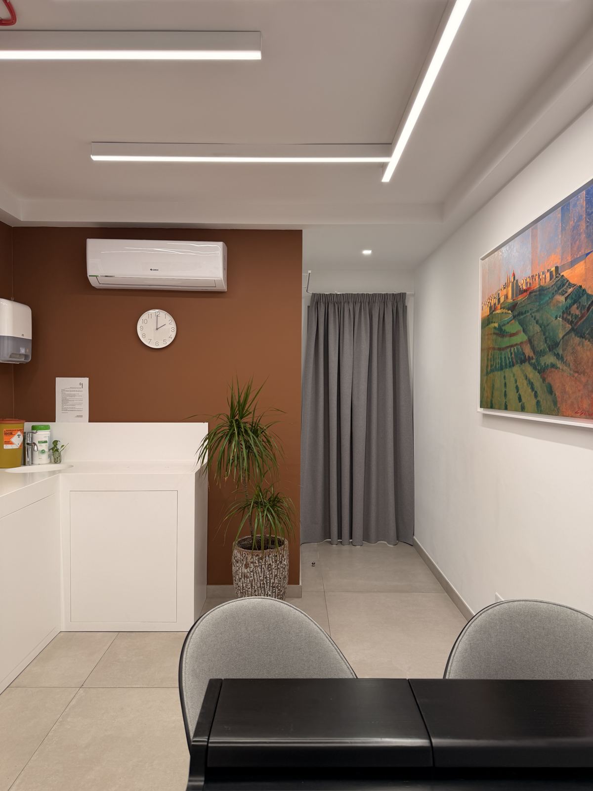 Consultation room at Demajo Medical with terracotta wall and Maltese landscape painting